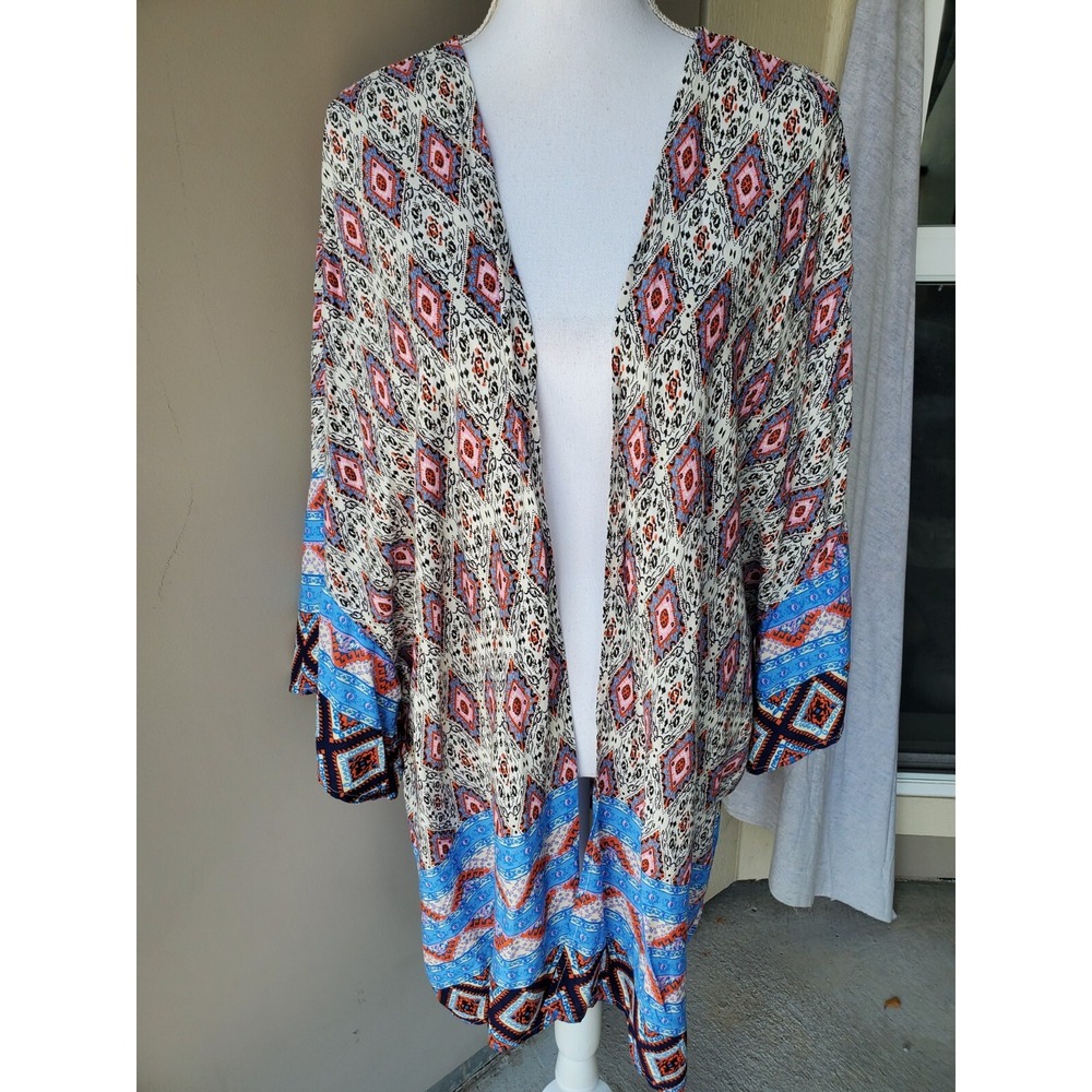 Umgee USA Open Kimono Duster Womens Medium/Large Blue Pink Orange Geometric BOHO
